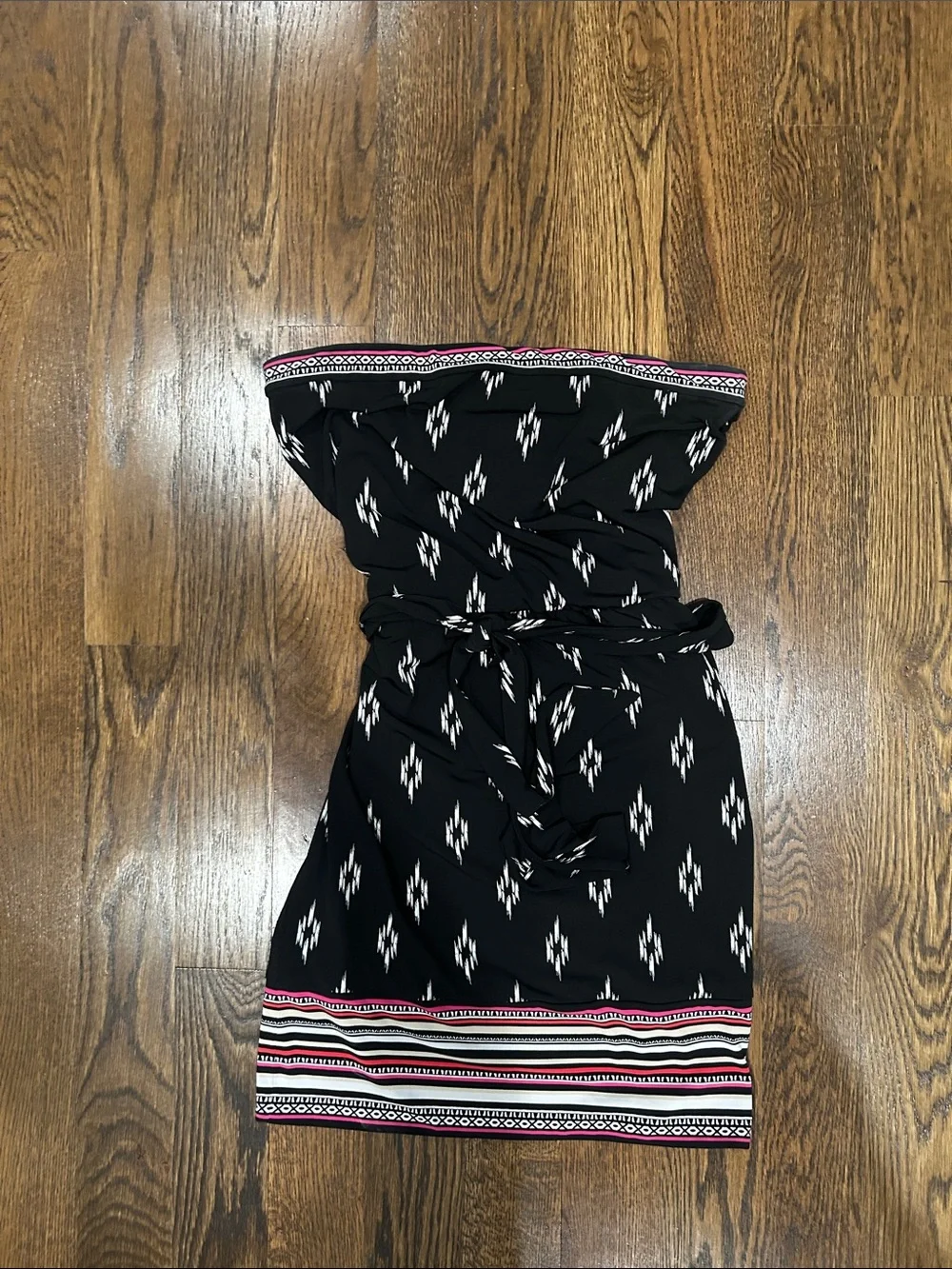 White House Black Market Strapless Black Ikat Print Waist-Tie Dress